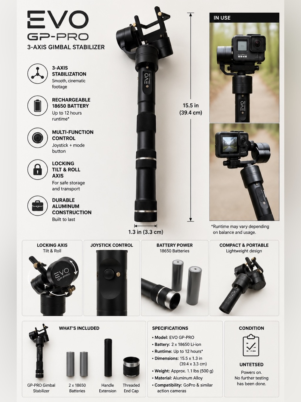 EVO GP-PRO 3-Axis Smartphone Gimbal Stabilizer Untested w/ Extension Handle
